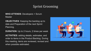 Sprint Grooming
WHO ATTENDS: Developers + Scrum
Master
OBJECTIVES: Keeping the backlog up to
date and Preparation of the next Sprint
Planning.
DURATION: Up to 2 hours, 2 times per week
ACTIVITIES: adding details, estimates, and
order to items in the Product Backlog. During
this meeting, items are reviewed, revised and
when possible estimated.
 