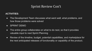 Sprint Review Con’t
ACTIVITIES:
● The Development Team discusses what went well, what problems, and
how those problems were solved
● SPRINT DEMO
● The entire group collaborates on what to do next, so that it provides
valuable input to next Sprint Planning
● Review of the timeline, budget, potential capabilities, and marketplace for
the next anticipated releases of functionality or capability of the product.
 