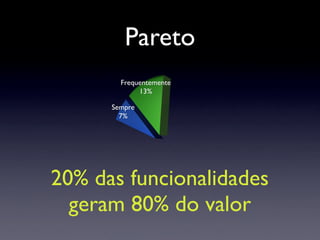 Pareto
        Frequentemente
             13%

      Sempre
        7%




20% das funcionalidades
  geram 80% do valor
 