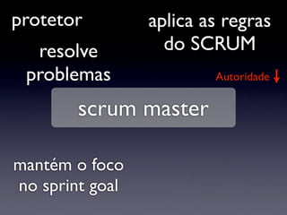 protetor         aplica as regras
  resolve          do SCRUM
 problemas               Autoridade


        scrum master

mantém o foco
no sprint goal
 