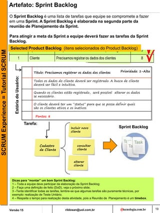 rildosan@uol.com,br
Versão 15
SCRUM
Experience
=
Tutorial
SCRUM
19
Artefato: Sprint Backlog
Dicas para “montar” um bom Sprint Backlog:
1 – Toda a equipe deve participar da elaboração da Sprint Backlog;
2 – Faça uma definição de feito (DoD), veja o próximo slide;
3 –Tente identificar todas as tarefas, lembre-se que algumas tarefas são puramente técnicas, por
exemplo: realização de Teste Unitário.
4 – Respeite o tempo para realização desta atividade, pois a Reunião de Planejamento é um timebox.
O Sprint Backlog é uma lista de tarefas que equipe se compromete a fazer
em uma Sprint. A Sprint Backlog é elaborada na segunda parte da
reunião de Planejamento da Sprint.
Para atingir a meta da Sprint a equipe deverá fazer as tarefas da Sprint
Backlog.
Tarefa:
Cadastro
de Cliente
Incluir novo
cliente
alterar
cliente
consultar
cliente
Titulo: Precisamos registrar os dados dos clientes Prioridade: 1-Alta
Todos os dados do cliente deverá ser registrado. A busca de cliente
deverá ser fácil e intuitiva.
Estória
do
Usuário:
Quando os clientes estão registrado, será possível alterar os dados
se necessário.
O cliente deverá ter um “status” para que se possa definir quais
são os clientes ativos e os inativos
Pontos: 8
Sprint Backlog
Selected Product Backlog (itens selecionados do Product Backlog)
 