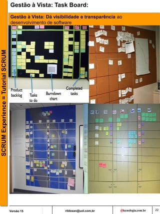 rildosan@uol.com,br
Versão 15
SCRUM
Experience
=
Tutorial
SCRUM
22
Gestão à Vista: Dá visibilidade e transparência ao
desenvolvimento de software
Gestão à Vista: Task Board:
 