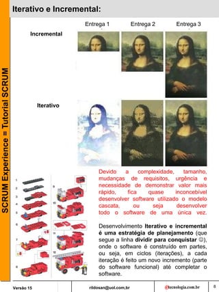 rildosan@uol.com,br
Versão 15
SCRUM
Experience
=
Tutorial
SCRUM
8
Iterativo e Incremental:
Devido a complexidade, tamanho,
mudanças de requisitos, urgência e
necessidade de demonstrar valor mais
rápido, fica quase inconcebível
desenvolver software utilizado o modelo
cascata, ou seja desenvolver
todo o software de uma única vez.
Desenvolvimento Iterativo e incremental
é uma estratégia de planejamento (que
segue a linha dividir para conquistar ),
onde o software é construído em partes,
ou seja, em ciclos (iterações), a cada
iteração é feito um novo incremento (parte
do software funcional) até completar o
software.
Incremental
Entrega 1 Entrega 2 Entrega 3
Iterativo
 