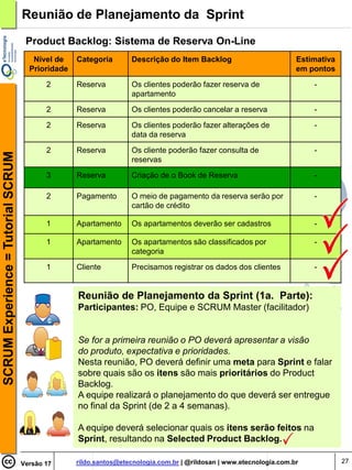 Reunião de Planejamento da Sprint
                                     Product Backlog: Sistema de Reserva On-Line
                                       Nível de    Categoria       Descrição do Item Backlog                          Estimativa
                                      Prioridade                                                                      em pontos

                                           2       Reserva         Os clientes poderão fazer reserva de                   -
                                                                   apartamento

                                           2       Reserva         Os clientes poderão cancelar a reserva                 -
                                           2       Reserva         Os clientes poderão fazer alterações de                -
                                                                   data da reserva

                                           2       Reserva         Os cliente poderão fazer consulta de                   -
SCRUM Experience = Tutorial SCRUM




                                                                   reservas

                                           3       Reserva         Criação de o Book de Reserva                           -

                                           2       Pagamento       O meio de pagamento da reserva serão por               -
                                                                   cartão de crédito

                                           1       Apartamento     Os apartamentos deverão ser cadastros                  -

                                           1       Apartamento     Os apartamentos são classificados por                  -
                                                                   categoria

                                           1       Cliente         Precisamos registrar os dados dos clientes             -


                                                   Reunião de Planejamento da Sprint (1a. Parte):
                                                   Participantes: PO, Equipe e SCRUM Master (facilitador)


                                                   Se for a primeira reunião o PO deverá apresentar a visão
                                                   do produto, expectativa e prioridades.
                                                   Nesta reunião, PO deverá definir uma meta para Sprint e falar
                                                   sobre quais são os itens são mais prioritários do Product
                                                   Backlog.
                                                   A equipe realizará o planejamento do que deverá ser entregue
                                                   no final da Sprint (de 2 a 4 semanas).

                                                   A equipe deverá selecionar quais os itens serão feitos na
                                                   Sprint, resultando na Selected Product Backlog.

                                    Versão 17      rildo.santos@etecnologia.com.br | @rildosan | www.etecnologia.com.br            27
 