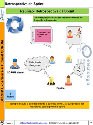 Retrospectiva da Sprint

                                                  Reunião Retrospectiva da Sprint
                                                                              As retrospectivas são a essência do conceito de
                                                                              Inspeção e Adaptação.




                                                               impedimentos
                                                                                Problemas no
                                                                                Servidor de
                                                                                Teste
                                                                                                                    =
SCRUM Experience = Tutorial SCRUM




                                                            Velocidade
                                                            da equipe...
                                                                                                                        ??
                                     SCRUM Master
                                                                                                                        ??




                                                                                                   Equipe

                                       3
                                     horas

                                         Equipe discute o que deu errado e que deu certo... O que precisa ser
                                                           melhorado para a próxima Sprint




                                    Versão 17     rildo.santos@etecnologia.com.br | @rildosan | www.etecnologia.com.br          48
 