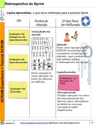 Retrospectiva da Sprint

                                     Lições Aprendidas, o que deve melhorado para a próxima Sprint

                                                OK               Pontos de                      O Que Deve
                                                                  Atenção                      Ser Melhorado

                                                             Velocidade da
                                       Cadastro de           equipe
                                       Categoria de                                                        =
                                       Apartamentos
SCRUM Experience = Tutorial SCRUM




                                                                                          Atitude:
                                                                                          Para uma equipe (time)
                                                                                          SCRUM funcionar será
                                                                                          necessário mudança de
                                                                                          atitude, caso contrário
                                       Cadastro de                                        isto poderá afetar
                                       Apartamentos                                       o desempenho da equipe



                                                             Será necessário               Impedimentos:
                                                             mais atenção na
                                                             hora de estimar                  Problemas no
                                                             as estórias                      Servidor de
                                                                                              Teste

                                        Cadastro de
                                        Clientes                                           Planejamento:
                                                                                           Prestar atenção na hora
                                                                                           do planejamento da
                                                                                           Sprint, para identificar
                                                                                           se todos os recursos
                                                                                           necessário estão
                                                                                           disponíveis




                                    Versão 17    rildo.santos@etecnologia.com.br | @rildosan | www.etecnologia.com.br   49
 