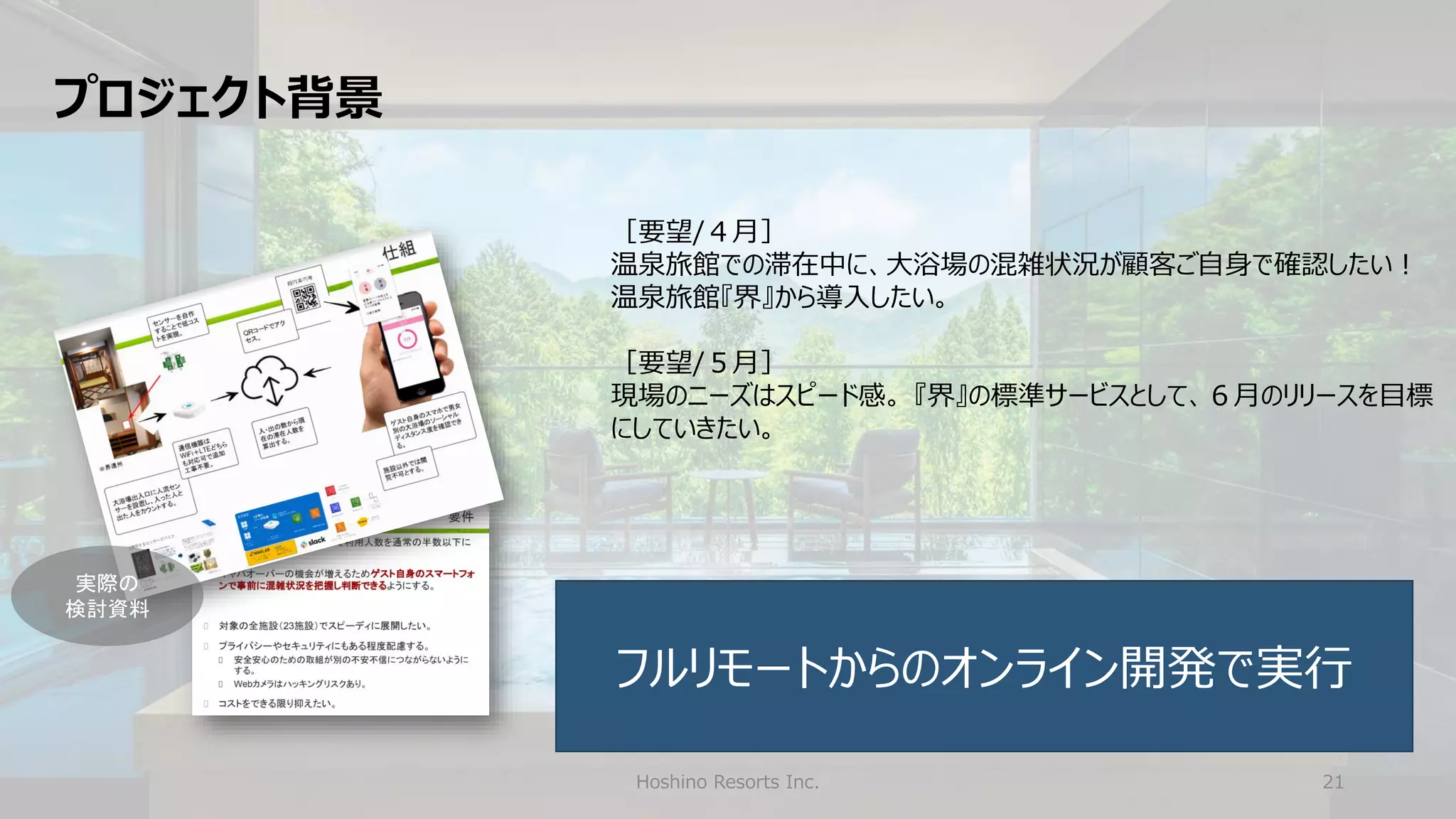 Hoshino Resorts Inc. 21
プロジェクト背景
［要望/４月］
温泉旅館での滞在中に、大浴場の混雑状況が顧客ご自身で確認したい！
温泉旅館『界』から導入したい。
［要望/５月］
現場のニーズはスピード感。 『界』の標準サービスとして、６月のリリースを目標
にしていきたい。
フルリモートからのオンライン開発で実行
実際の
検討資料
 