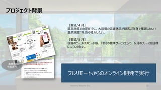 Hoshino Resorts Inc. 21
プロジェクト背景
［要望/４月］
温泉旅館での滞在中に、大浴場の混雑状況が顧客ご自身で確認したい！
温泉旅館『界』から導入したい。
［要望/５月］
現場のニーズはスピード感。 『界』の標準サービスとして、６月のリリースを目標
にしていきたい。
フルリモートからのオンライン開発で実行
実際の
検討資料
 