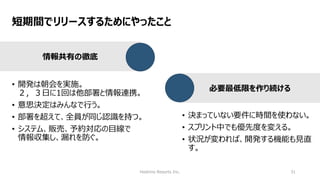 Hoshino Resorts Inc. 31
短期間でリリースするためにやったこと
情報共有の徹底
必要最低限を作り続ける
• 開発は朝会を実施。
２，３日に1回は他部署と情報連携。
• 意思決定はみんなで行う。
• 部署を超えて、全員が同じ認識を持つ。
• システム、販売、予約対応の目線で
情報収集し、漏れを防ぐ。
• 決まっていない要件に時間を使わない。
• スプリント中でも優先度を変える。
• 状況が変われば、開発する機能も見直
す。
 