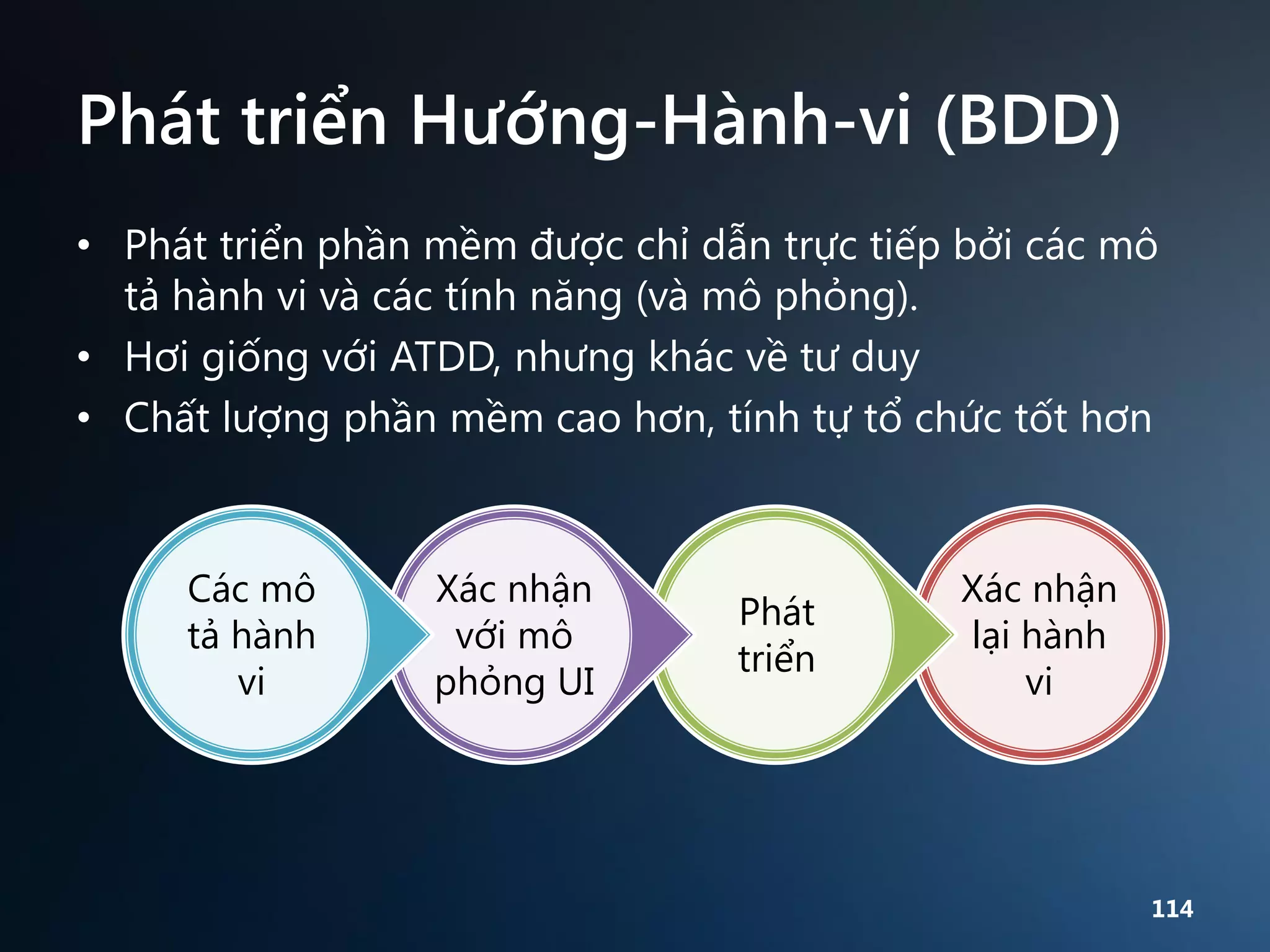 Phát triển Hướng-Hành-vi (BDD)
• Phát triển phần mềm được chỉ dẫn trực tiếp bởi các mô
tả hành vi và các tính năng (và mô phỏng).
• Hơi giống với ATDD, nhưng khác về tư duy
• Chất lượng phần mềm cao hơn, tính tự tổ chức tốt hơn

Các mô
tả hành
vi

Xác nhận
với mô
phỏng UI

Phát
triển

Xác nhận
lại hành
vi

114

 
