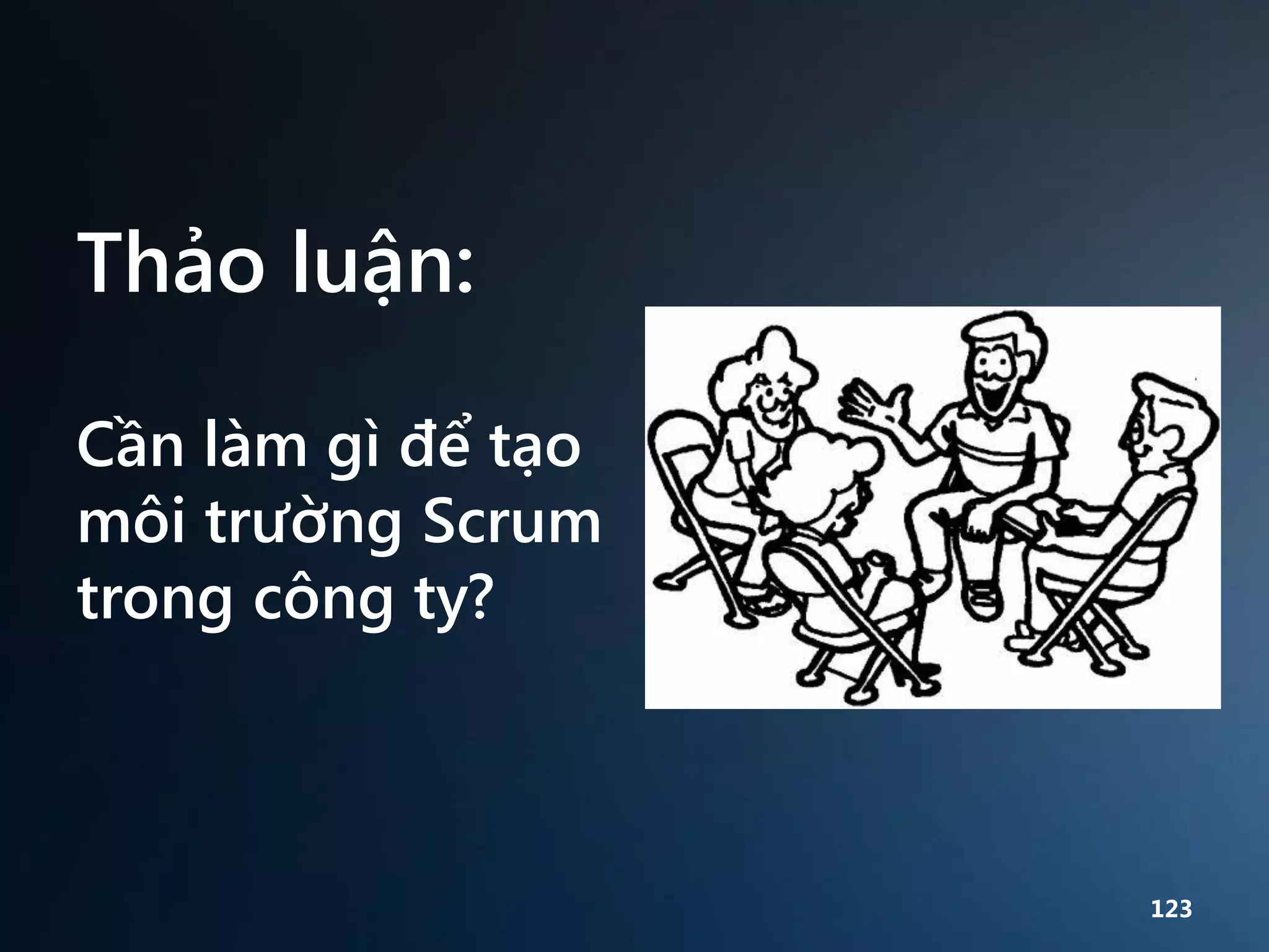 Thảo luận:
Cần làm gì để tạo
môi trường Scrum
trong công ty?

123

 