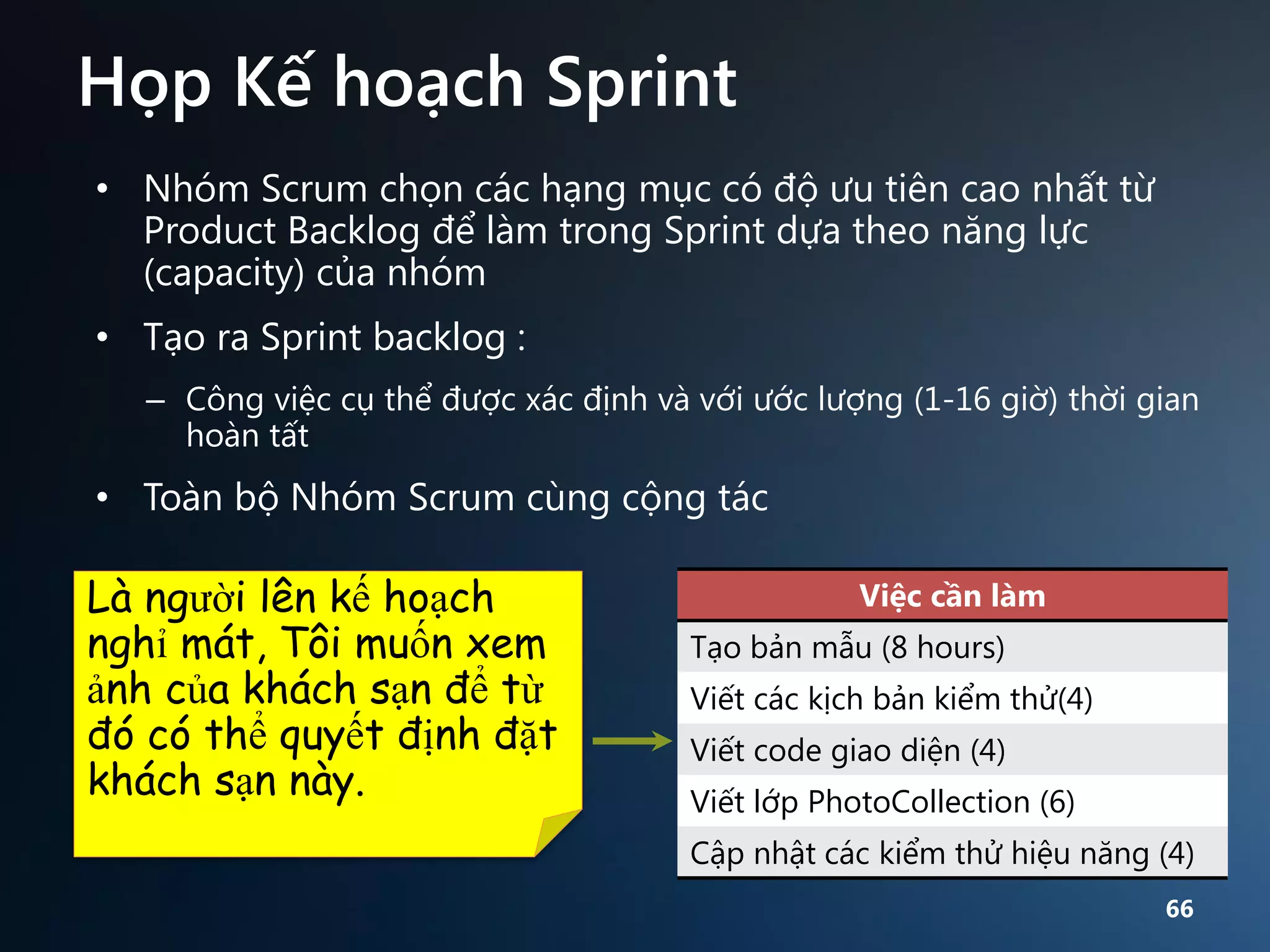 Họp Kế hoạch Sprint
• Nhóm Scrum chọn các hạng mục có độ ưu tiên cao nhất từ
Product Backlog để làm trong Sprint dựa theo năng lực
(capacity) của nhóm

• Tạo ra Sprint backlog :
– Công việc cụ thể được xác định và với ước lượng (1-16 giờ) thời gian
hoàn tất

• Toàn bộ Nhóm Scrum cùng cộng tác

Là người lên kế hoạch
nghỉ mát, Tôi muốn xem
ảnh của khách sạn để từ
đó có thể quyết định đặt
khách sạn này.

Việc cần làm
Tạo bản mẫu (8 hours)
Viết các kịch bản kiểm thử(4)
Viết code giao diện (4)
Viết lớp PhotoCollection (6)

Cập nhật các kiểm thử hiệu năng (4)
66

 