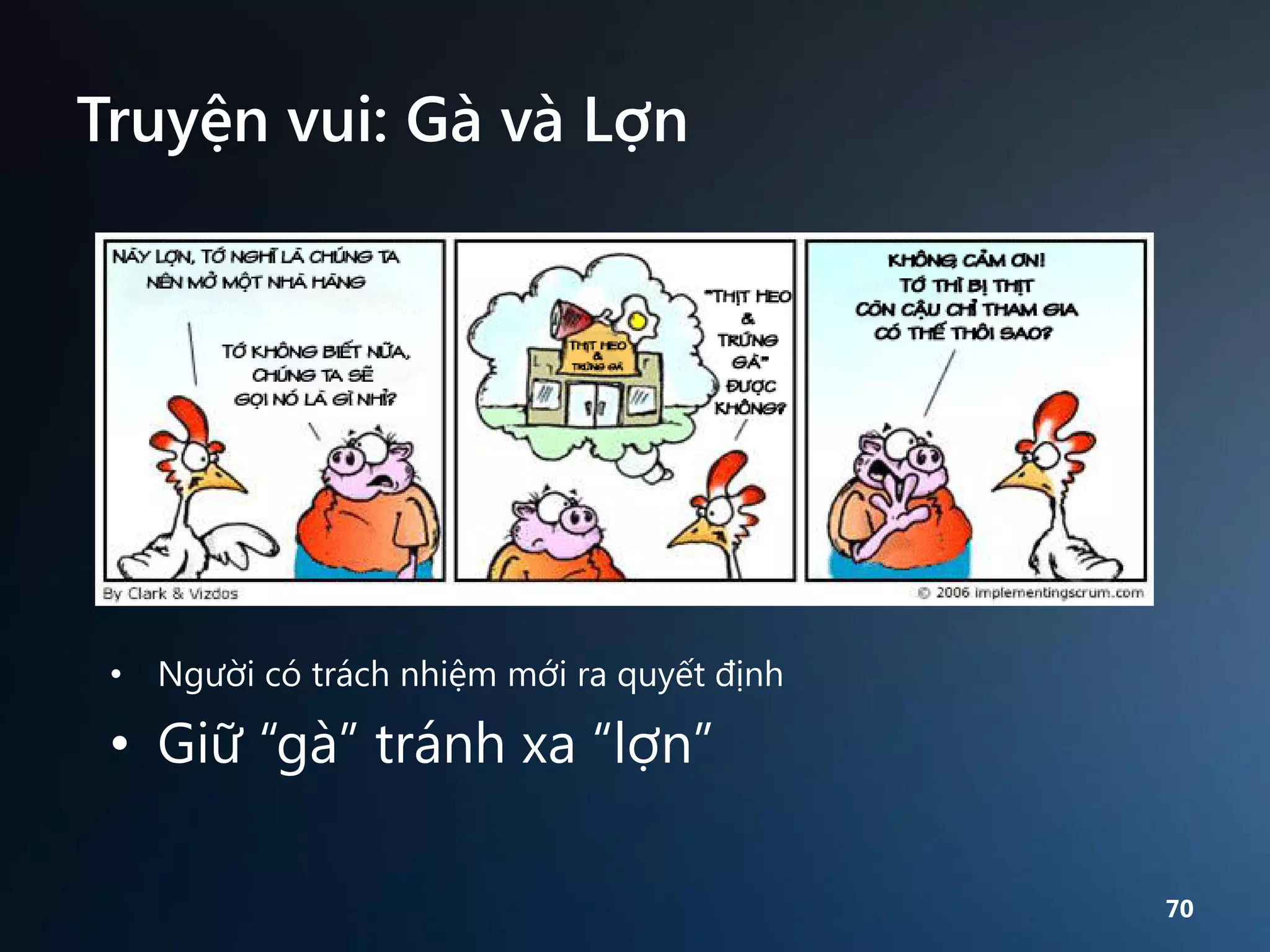 Truyện vui: Gà và Lợn

• Người có trách nhiệm mới ra quyết định

• Giữ “gà” tránh xa “lợn”
70

 
