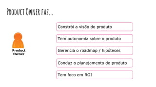 Product
Owner
Constrói a visão do produto
Tem autonomia sobre o produto
Gerencia o roadmap / hipóteses
Conduz o planejamento do produto
Tem foco em ROI
ProductOwnerfaz...
 