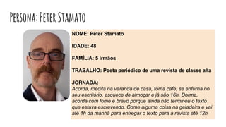 NOME: Peter Stamato
IDADE: 48
FAMÍLIA: 5 irmãos
TRABALHO: Poeta periódico de uma revista de classe alta
JORNADA:
Acorda, medita na varanda de casa, toma café, se enfurna no
seu escritório, esquece de almoçar e já são 16h. Dorme,
acorda com fome e bravo porque ainda não terminou o texto
que estava escrevendo. Come alguma coisa na geladeira e vai
até 1h da manhã para entregar o texto para a revista até 12h
Persona:PeterStamato
 