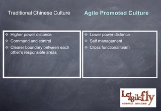 Traditional Chinese Culture



 Higher power distance            Lower power distance
 Command and control              Self management
 Clearer boundary between each    Cross functional team
  other’s responsible areas




                                                      15
 
