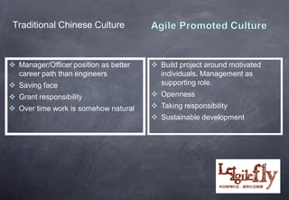 Traditional Chinese Culture



 Manager/Officer position as better    Build project around motivated
  career path than engineers             individuals. Management as
 Saving face                            supporting role.
 Grant responsibility                  Openness
 Over time work is somehow natural     Taking responsibility
                                        Sustainable development




                                                             16
 