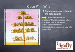 Case #1 – Why
         Strong hierarchy culture in
          the organization.
               New roles of scrum
        masters/PO are introduced when
        the enterprise is transitioning to
        agile; Meanwhile team
        leaders/project managers step into
        new roles.




                          21
 