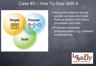 Case #3 – How To Deal With It
               Adjust the balance among
                people, process and tools.
                Relieve people from heavy
                processes and tools.
               Promote individuals’
                professionalism, e.g. software
                craftsmanship
 