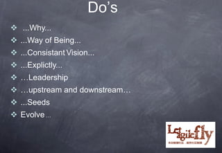 Do’s
 ...Why...
 ...Way of Being...
 ...Consistant Vision...
 ...Explictly...
 …Leadership
 …upstream and downstream…
 ...Seeds
 Evolve …
 
