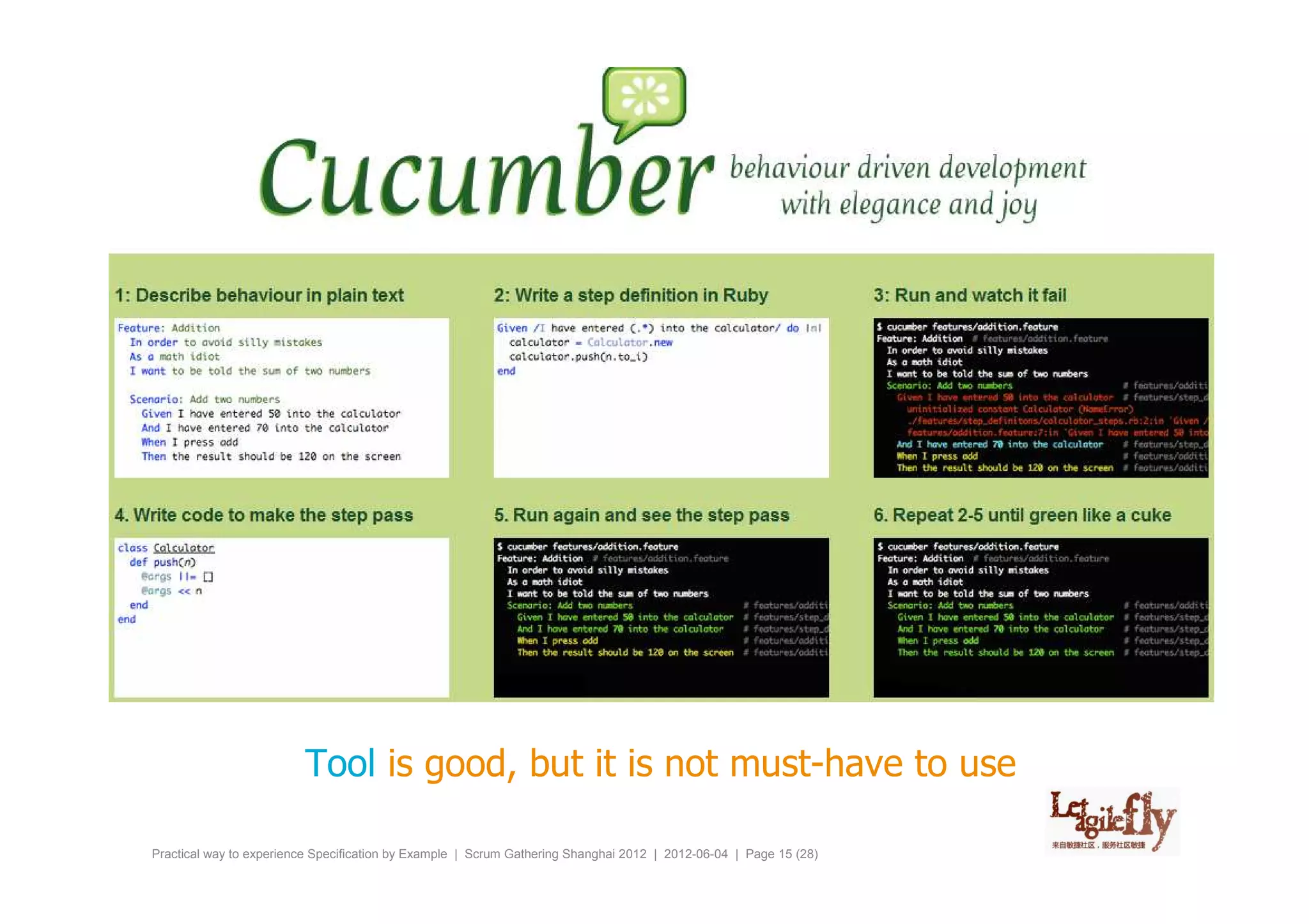 Tool is good, but it is not must-have to use

Practical way to experience Specification by Example | Scrum Gathering Shanghai 2012 | 2012-06-04 | Page 15 (28)
 