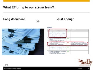 What ET bring to our scrum team?


Long document                              Just Enough
                                      VS




  [10]

© 2011 SAP AG. All rights reserved.                      Public   26
 