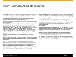 © 2011 SAP AG. All rights reserved.


No part of this publication may be reproduced or transmitted in any form or for any   SAP, R/3, SAP NetWeaver, Duet, PartnerEdge, ByDesign, SAP BusinessObjects
purpose without the express permission of SAP AG. The information contained           Explorer, StreamWork, and other SAP products and services mentioned herein as
herein may be changed without prior notice.                                           well as their respective logos are trademarks or registered trademarks of SAP AG
                                                                                      in Germany and other countries.
Some software products marketed by SAP AG and its distributors contain
proprietary software components of other software vendors.                            Business Objects and the Business Objects logo, BusinessObjects, Crystal
Microsoft, Windows, Excel, Outlook, and PowerPoint are registered trademarks of       Reports, Crystal Decisions, Web Intelligence, Xcelsius, and other Business
Microsoft Corporation.                                                                Objects products and services mentioned herein as well as their respective logos
                                                                                      are trademarks or registered trademarks of Business Objects Software Ltd.
IBM, DB2, DB2 Universal Database, System i, System i5, System p, System p5,           Business Objects is an
System x, System z, System z10, System z9, z10, z9, iSeries, pSeries, xSeries,        SAP company.
zSeries, eServer, z/VM, z/OS, i5/OS, S/390, OS/390, OS/400, AS/400, S/390
Parallel Enterprise Server, PowerVM, Power Architecture, POWER6+, POWER6,             Sybase and Adaptive Server, iAnywhere, Sybase 365, SQL Anywhere, and other
POWER5+, POWER5, POWER, OpenPower, PowerPC, BatchPipes,                               Sybase products and services mentioned herein as well as their respective logos
BladeCenter, System Storage, GPFS, HACMP, RETAIN, DB2 Connect, RACF,                  are trademarks or registered trademarks of Sybase, Inc. Sybase is an SAP
Redbooks, OS/2, Parallel Sysplex, MVS/ESA, AIX, Intelligent Miner, WebSphere,         company.
Netfinity, Tivoli and Informix are trademarks or registered trademarks of IBM
                                                                                      All other product and service names mentioned are the trademarks of their
Corporation.
                                                                                      respective companies. Data contained in this document serves informational
Linux is the registered trademark of Linus Torvalds in the U.S. and other             purposes only. National product specifications may vary.
countries.
                                                                                      The information in this document is proprietary to SAP. No part of this document
Adobe, the Adobe logo, Acrobat, PostScript, and Reader are either trademarks or       may be reproduced, copied, or transmitted in any form or for any purpose without
registered trademarks of Adobe Systems Incorporated in the United States and/or       the express prior written permission of SAP AG.
other countries.
Oracle and Java are registered trademarks of Oracle and/or its affiliates.
UNIX, X/Open, OSF/1, and Motif are registered trademarks of the Open Group.
Citrix, ICA, Program Neighborhood, MetaFrame, WinFrame, VideoFrame, and
MultiWin are trademarks or registered trademarks of Citrix Systems, Inc.
HTML, XML, XHTML and W3C are trademarks or registered trademarks of W3C ®,
World Wide Web Consortium, Massachusetts Institute of Technology.




 © 2011 SAP AG. All rights reserved.                                                                                                              Public            32
 
