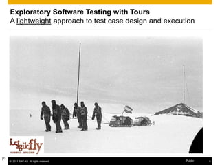 Exploratory Software Testing with Tours
      A lightweight approach to test case design and execution




[1]
      © 2011 SAP AG. All rights reserved.                  Public   5
 