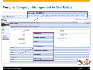 Feature: Campaign Management in Real Estate




© 2011 SAP AG. All rights reserved.           Public   8
 