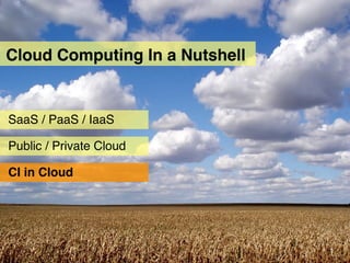 Cloud Computing In a Nutshell


SaaS / PaaS / IaaS

Public / Private Cloud

CI in Cloud
 
