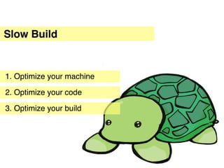 Slow Build


1. Optimize your machine

2. Optimize your code

3. Optimize your build
 
