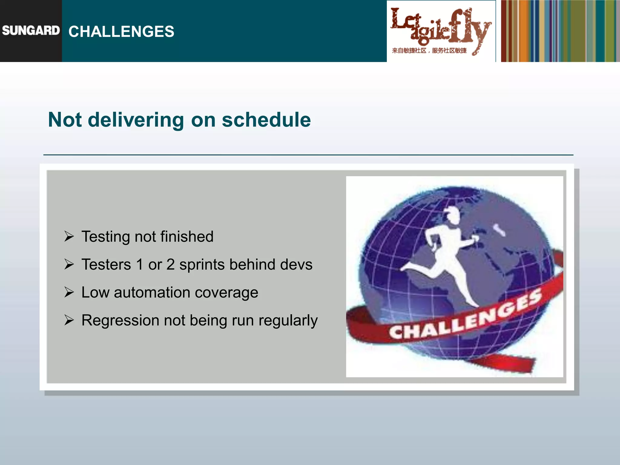 CHALLENGES




Not delivering on schedule




  Testing not finished
  Testers 1 or 2 sprints behind devs
  Low automation coverage
  Regression not being run regularly
 