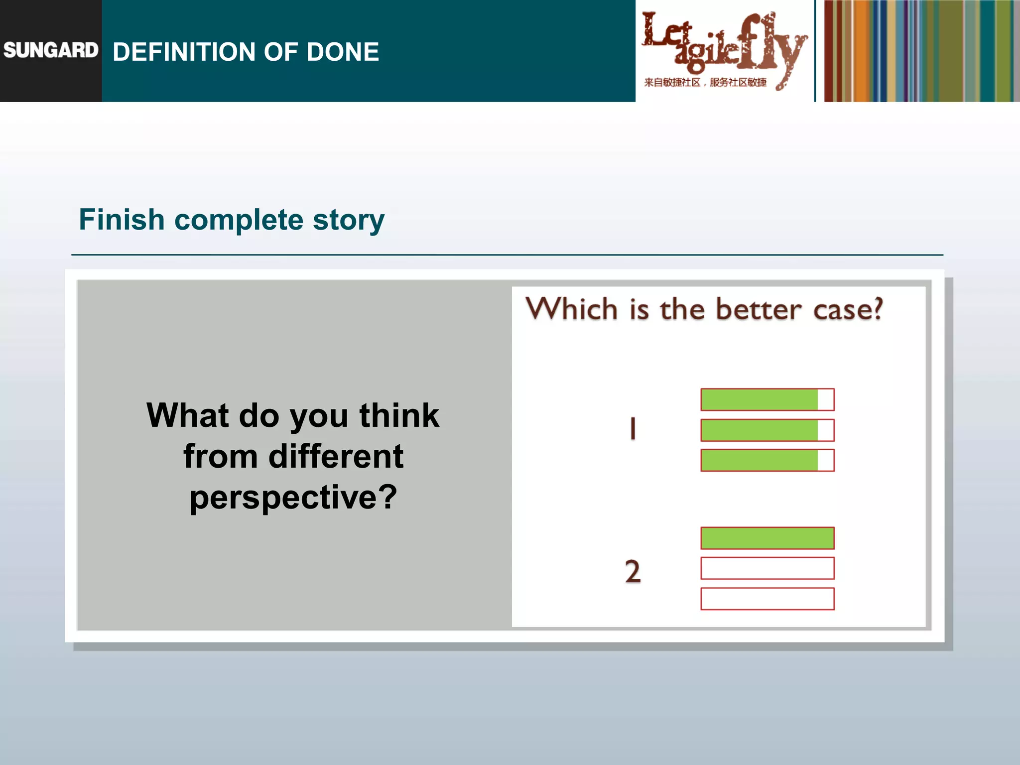 DEFINITION OF DONE




Finish complete story




    What do you think
     from different
      perspective?
 