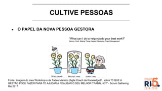 CULTIVE PESSOAS
● O PAPEL DA NOVA PESSOA GESTORA
Fonte: Imagem do meu Workshop e de Tadeu Marinho (Agile Coach da Knowledge21, sobre "O QUE A
GESTÃO PODE FAZER PARA TE AJUDAR A REALIZAR O SEU MELHOR TRABALHO?" - Scrum Gathering
Rio 2017
 