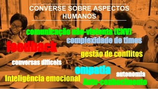 CONVERSE SOBRE ASPECTOS
HUMANOS
empatia
feedback gestão de conflitos
complexidade de times
comunicação não-violenta (CNV)
conversas difíceis
autonomia
Inteligência emocional Auto-conhecimento
 