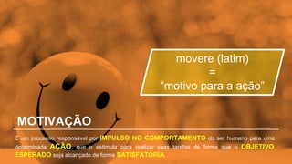 MOTIVAÇÃO
É um processo responsável por IMPULSO NO COMPORTAMENTO do ser humano para uma
determinada AÇÃO, que o estimula para realizar suas tarefas de forma que o OBJETIVO
ESPERADO seja alcançado de forma SATISFATÓRIA.
movere (latim)
=
“motivo para a ação”
 