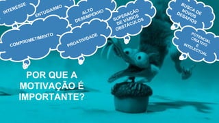 POR QUE A
MOTIVAÇÃO É
IMPORTANTE?
BUSCA DE
NOVOS
DESAFIOSSUPERAÇÃO
DE VÁRIOS
OBSTÁCULOS
ENTUSIASMO
INTERESSE
ALTO
DESEMPENHO
COMPROMETIMENTO
PROATIVIDADE
POTENCIAL
CRIATIVOEINTELECTUAL
 