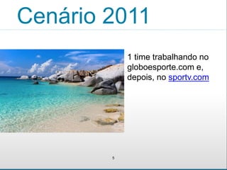 Cenário 2011 
5 
1 time trabalhando no 
globoesporte.com e, 
depois, no sportv.com 
 
