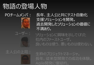 物語の登場人物
POチームメンバ：   長年、主人公と共にテスト自動化
            支援ソリューションを開発。
            過去開発したソリューションの価値に
            不満あり。
   ユーザー： ソリューションに興味を示してくれた
         社内のファーストユーザ。
         良いものは使う、悪いものは使わない。
主人公の上司：
            生粋のプロジェクトマネージャ。
            長年、従来型開発での成功を体験。
            Agile開発に懐疑的。
 