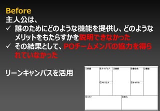 Before
主人公は、
 誰のためにどのような機能を提供し、どのような
  メリットをもたらすかを説明できなかった
 その結果として、POチームメンバの協力を得ら
  れていなかった

リーンキャンバスを活用
 