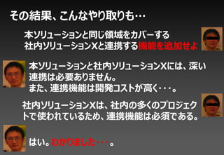 その結果、こんなやり取りも…
 本ソリューションと同じ領域をカバーする
 社内ソリューションXと連携する機能を追加せよ

 本ソリューションと社内ソリューションXには、深い
 連携は必要ありません。
 また、連携機能は開発コストが高く・・・。
 社内ソリューションXは、社内の多くのプロジェク
 トで使われているため、連携機能は必須である。

 はい。わかりました・・・。
 
