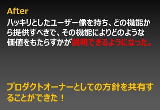 After
ハッキリとしたユーザー像を持ち、どの機能か
ら提供すべきで、その機能によりどのような
価値をもたらすかが説明できるようになった。




プロダクトオーナーとしての方針を共有す
ることができた！
 