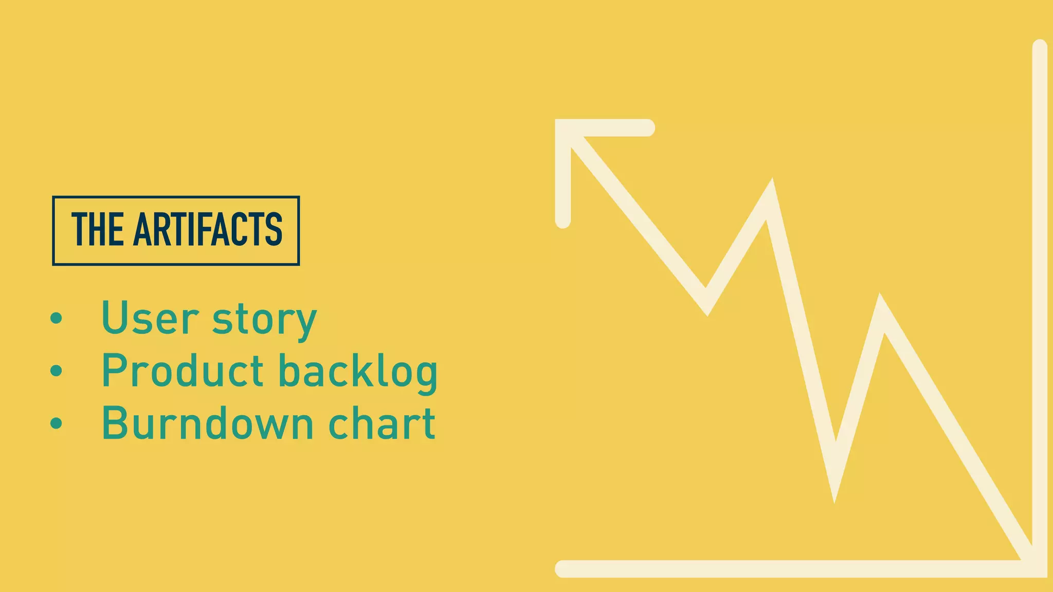 • User story
• Product backlog
• Burndown chart
THE ARTIFACTS
 