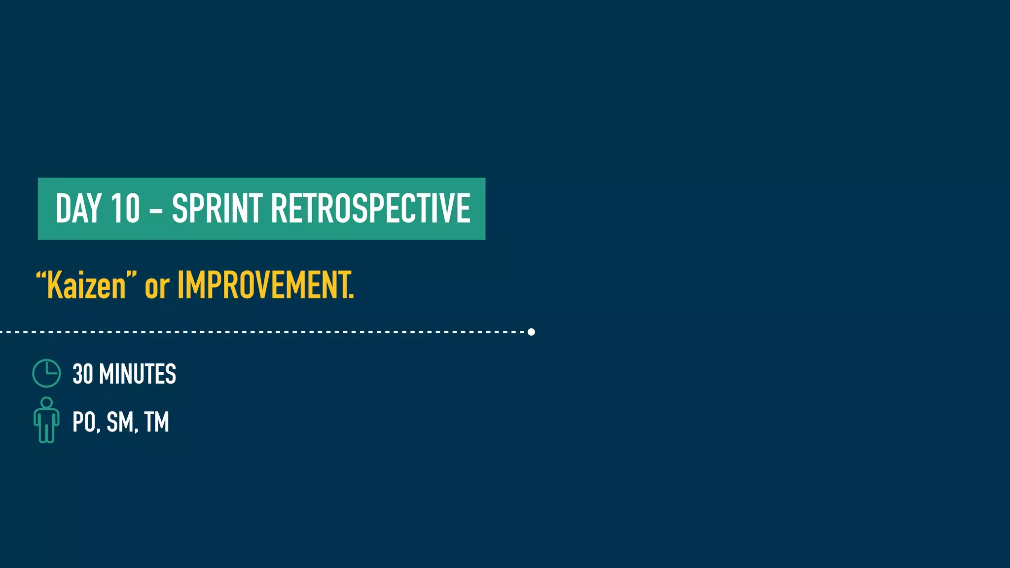 “Kaizen” or IMPROVEMENT.
DAY 10 - SPRINT RETROSPECTIVE
30 MINUTES
PO, SM, TM
 