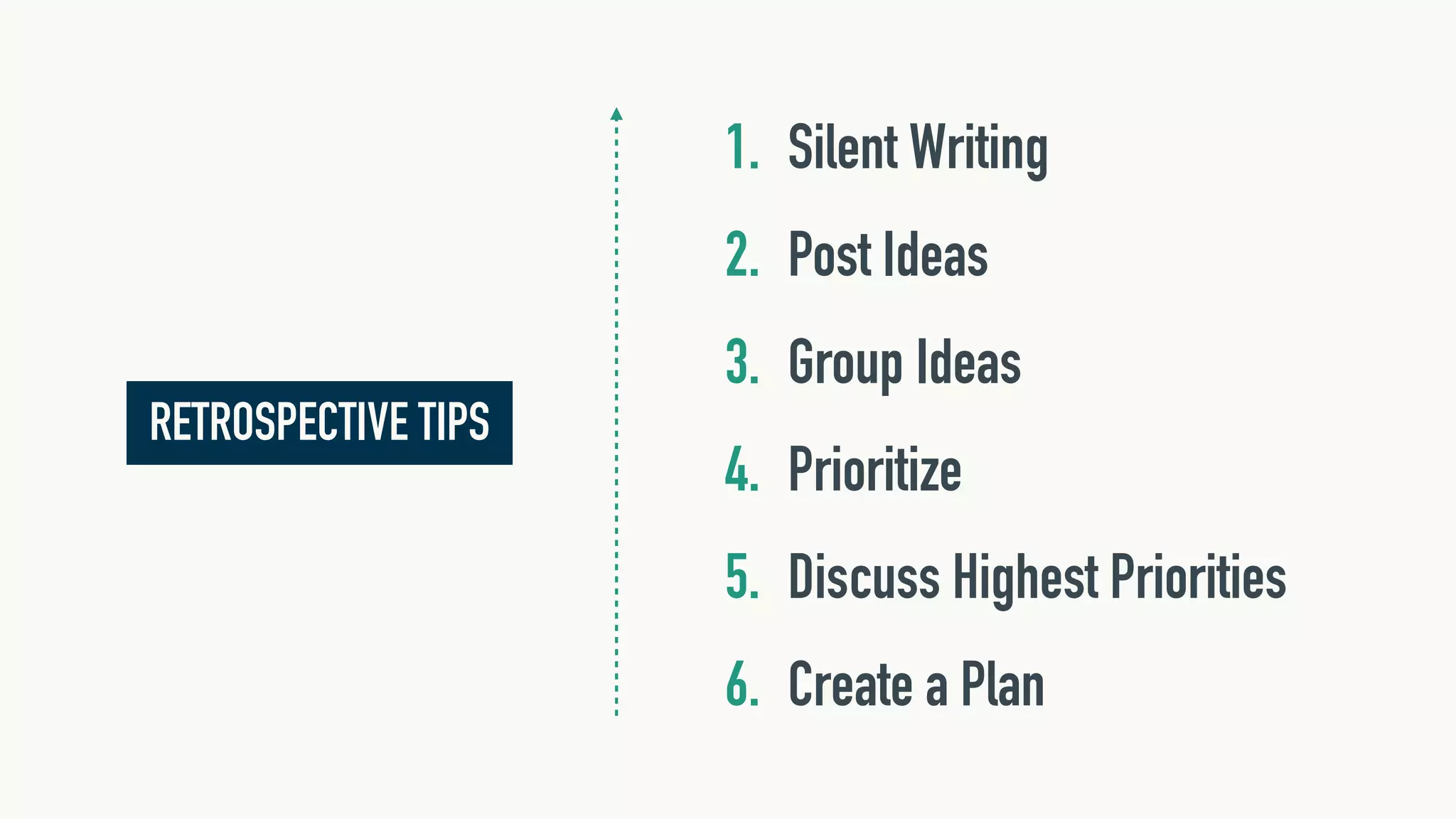 1. Silent Writing
2. Post Ideas
3. Group Ideas
4. Prioritize
5. Discuss Highest Priorities
6. Create a Plan
RETROSPECTIVE TIPS
 