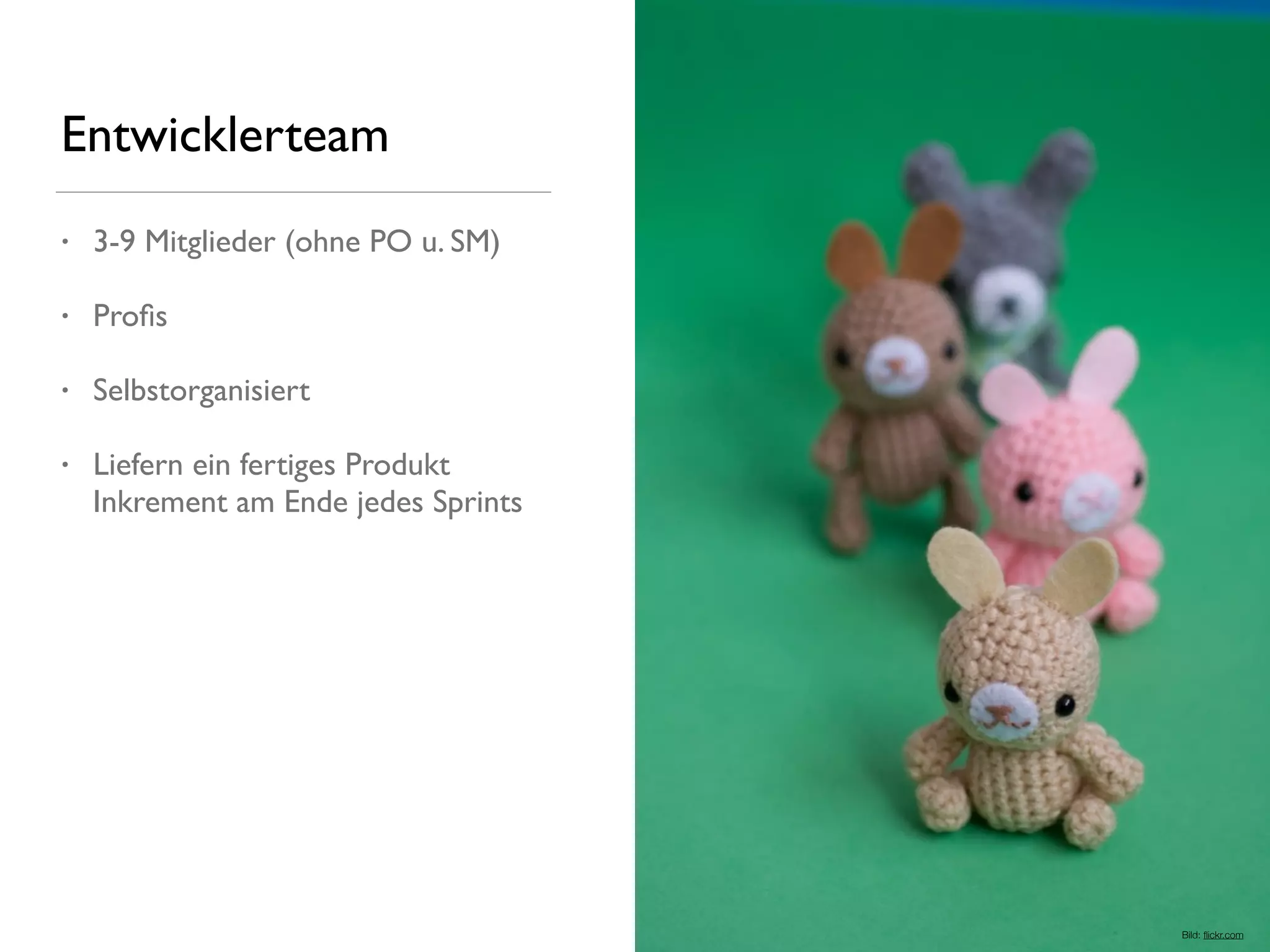 Entwicklerteam
• 3-9 Mitglieder (ohne PO u. SM)
• Proﬁs
• Selbstorganisiert
• Liefern ein fertiges Produkt
Inkrement am Ende jedes Sprints
Bild: ﬂickr.com
 