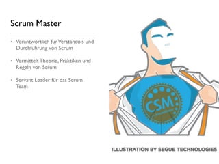 Scrum Master
• Verantwortlich fürVerständnis und
Durchführung von Scrum
• Vermittelt Theorie, Praktiken und
Regeln von Scrum
• Servant Leader für das Scrum
Team
 