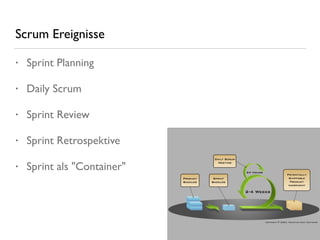 Scrum Ereignisse
• Sprint Planning
• Daily Scrum
• Sprint Review
• Sprint Retrospektive
• Sprint als "Container"
 