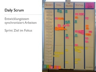 Daily Scrum
Entwicklungsteam 
synchronisiert Arbeiten
Sprint Ziel im Fokus
Quelle: wikipedia.org
 