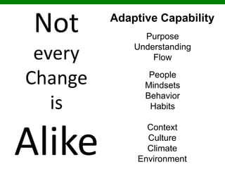 Not
every
Change
is
Alike
Purpose
Understanding
Flow
Context
Culture
Climate
Environment
People
Mindsets
Behavior
Habits
Adaptive Capability
 